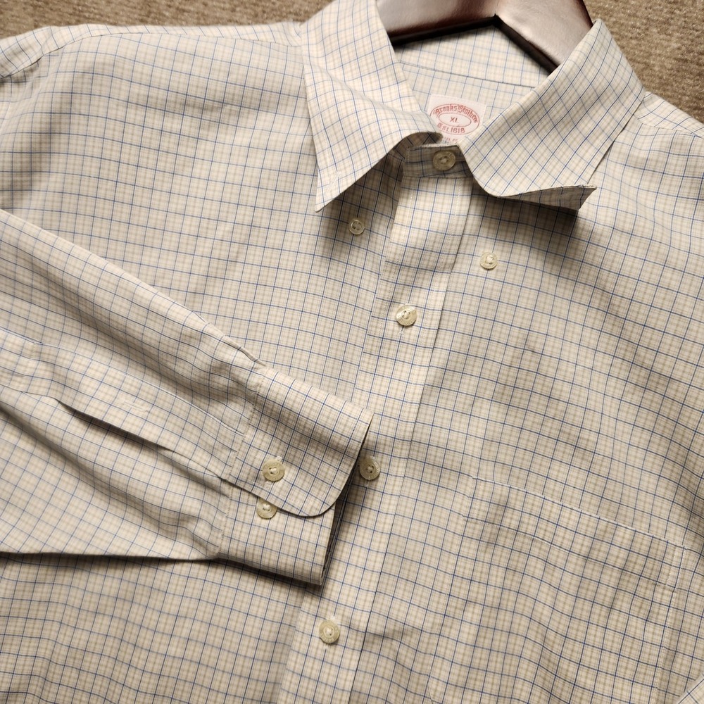 Brooks Brothers Button Down Shirt Men XL White Blue Tan Tattersal Check Long Slv
